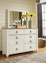 Willowton Whitewash King Panel Bedroom Set with Dresser, Mirror, Chest and 2 Nightstands - Ornate Home