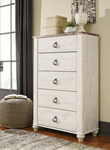 Willowton Whitewash King Panel Bedroom Set with Dresser, Mirror, Chest and 2 Nightstands - Ornate Home