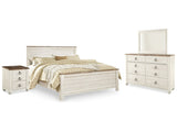 Willowton Whitewash King Panel Bedroom Set with Dresser, Mirror, and Nightstand (Online Special Price) - Ornate Home