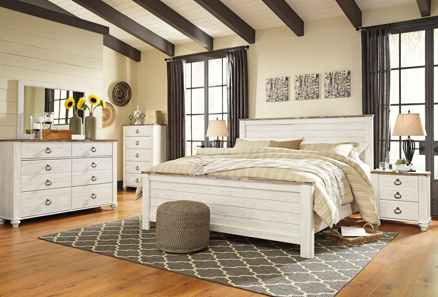 Willowton Whitewash King Panel Bedroom Set with Dresser, Mirror, and Nightstand - Ornate Home