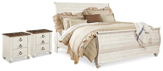 Willowton Whitewash King Sleigh Bed and 2 Nightstands - Ornate Home