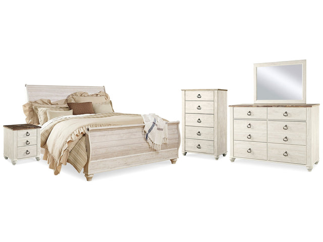 Willowton Whitewash King Sleigh Bedroom Set with Dresser, Mirror, Chest and 2 Nightstands (Online Special Price) - Ornate Home