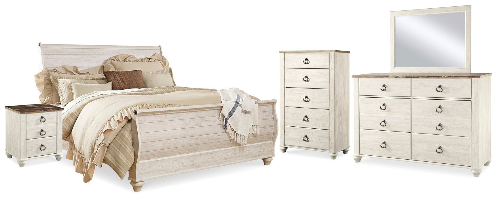 Willowton Whitewash King Sleigh Bedroom Set with Dresser, Mirror, Chest and 2 Nightstands - Ornate Home
