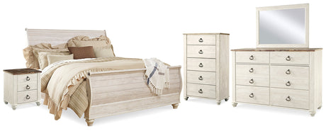 Willowton Whitewash King Sleigh Bedroom Set with Dresser, Mirror, Chest and 2 Nightstands - Ornate Home