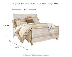 Willowton Whitewash King Sleigh Bedroom Set with Dresser, Mirror, Chest and 2 Nightstands - Ornate Home