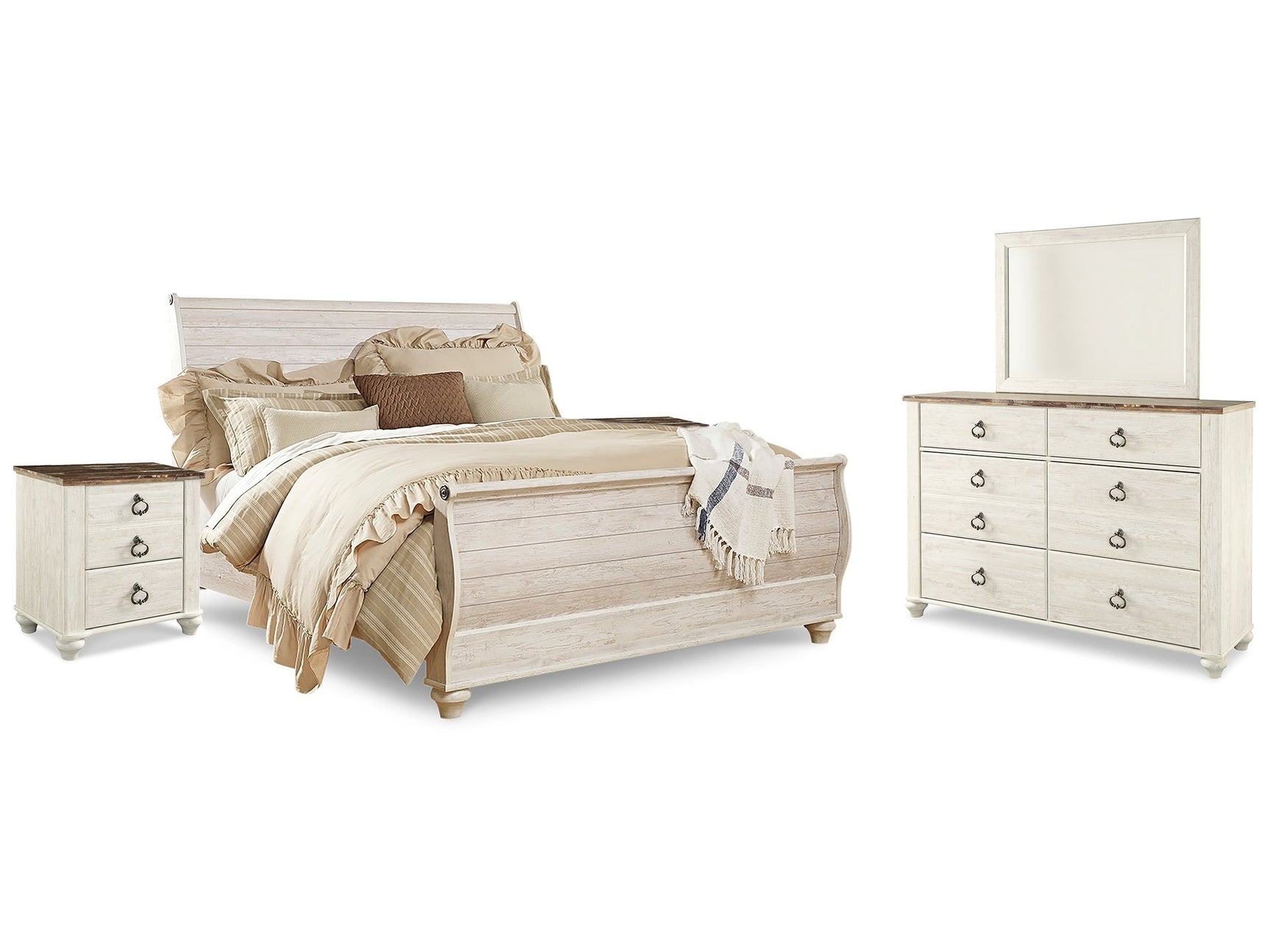 Willowton Whitewash King Sleigh Bedroom Set with Dresser, Mirror and 2 Nightstands (Online Special Price) - Ornate Home