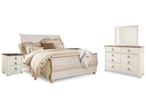Willowton Whitewash King Sleigh Bedroom Set with Dresser, Mirror and 2 Nightstands (Online Special Price) - Ornate Home