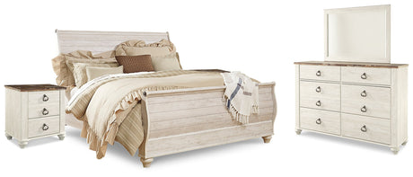 Willowton Whitewash King Sleigh Bedroom Set with Dresser, Mirror and 2 Nightstands - Ornate Home