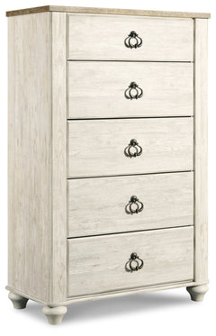 Willowton Whitewash King Sleigh Bedroom Set with Dresser, Mirror and Chest - Ornate Home