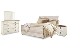 Willowton Whitewash King Sleigh Bedroom Set with Dresser, Mirror and Nightstand - Ornate Home