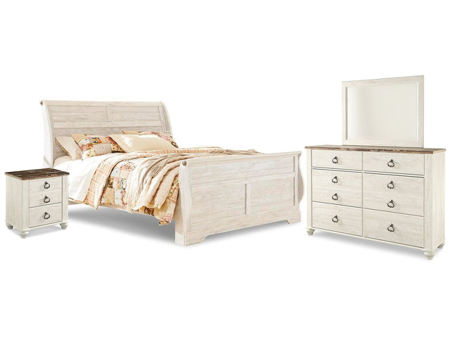 Willowton Whitewash King Sleigh Bedroom Set with Dresser, Mirror and Nightstand - Ornate Home