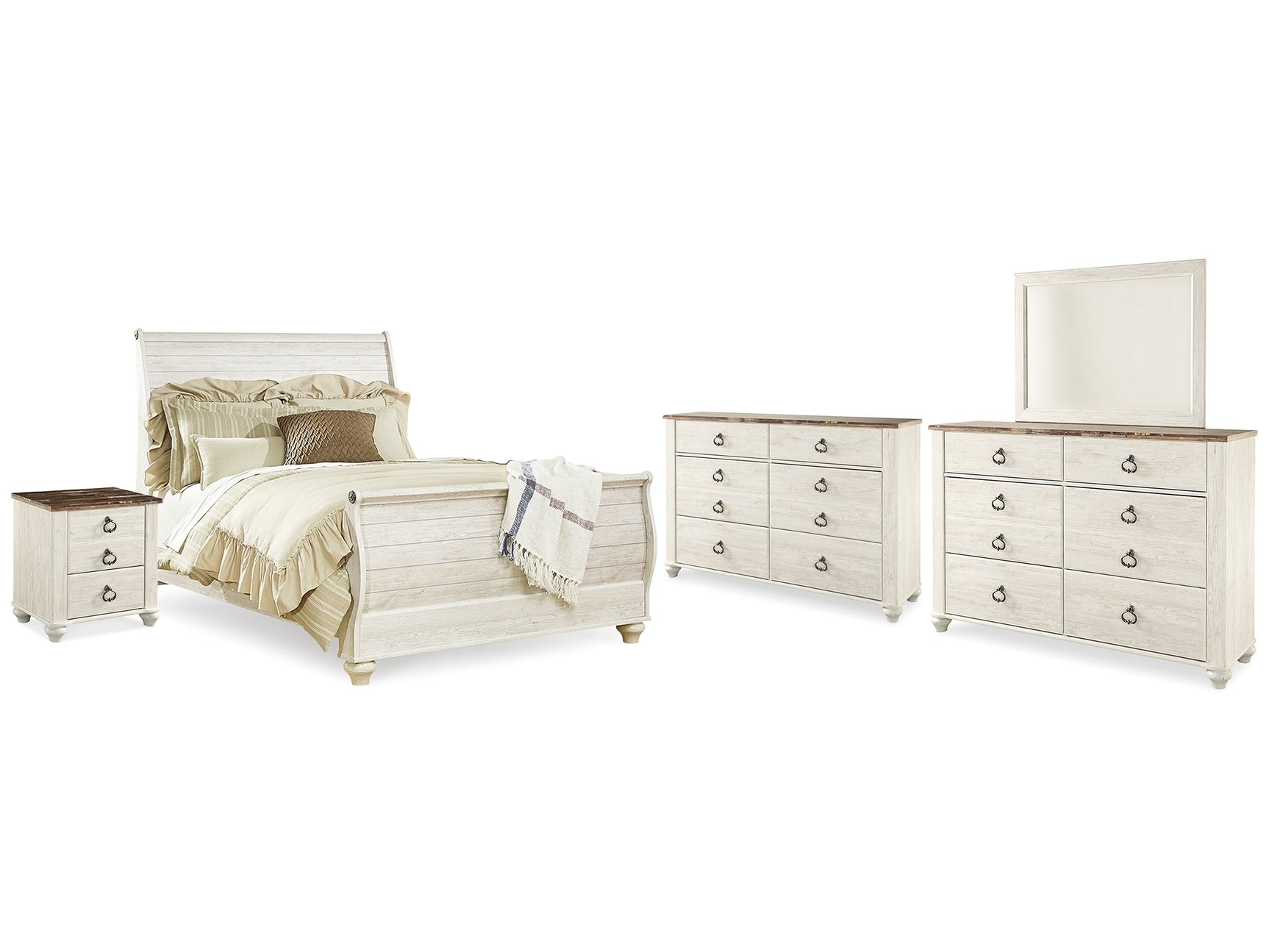 Willowton Whitewash Queen Bed & Dresser & Mirror & Chest - Ornate Home