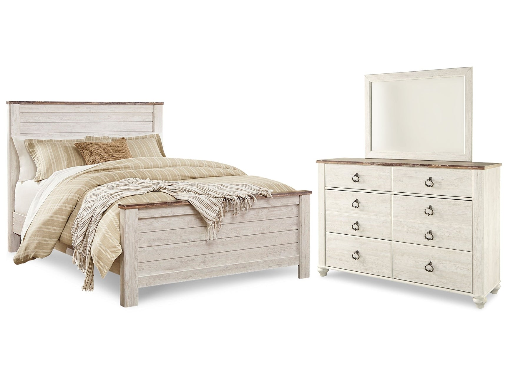Willowton Whitewash Queen Panel Bed, Dresser and Mirror - Ornate Home