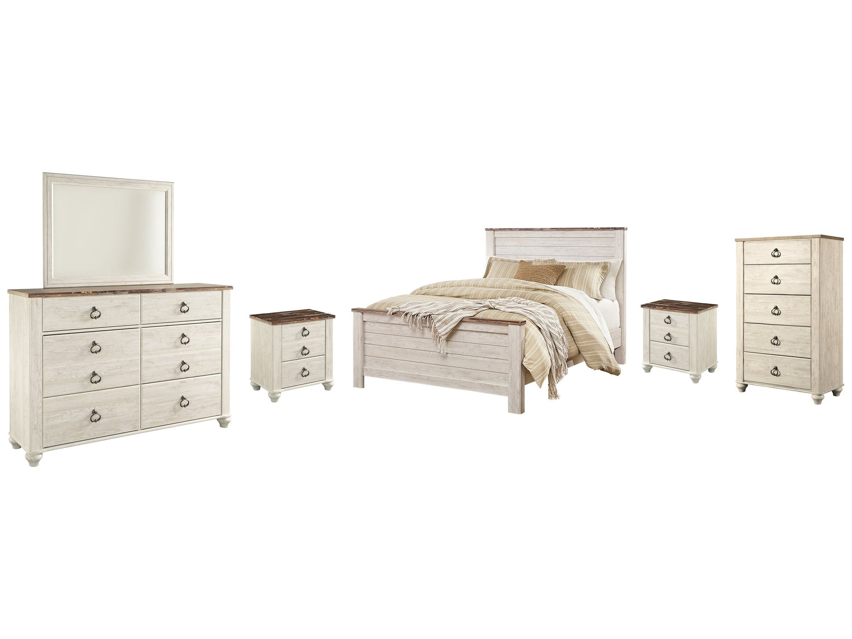 Willowton Whitewash Queen Panel Bedroom Set with Dresser, Mirror, Chest and 2 Nightstands (Online Special Price) - Ornate Home