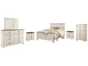 Willowton Whitewash Queen Panel Bedroom Set with Dresser, Mirror, Chest and 2 Nightstands (Online Special Price) - Ornate Home