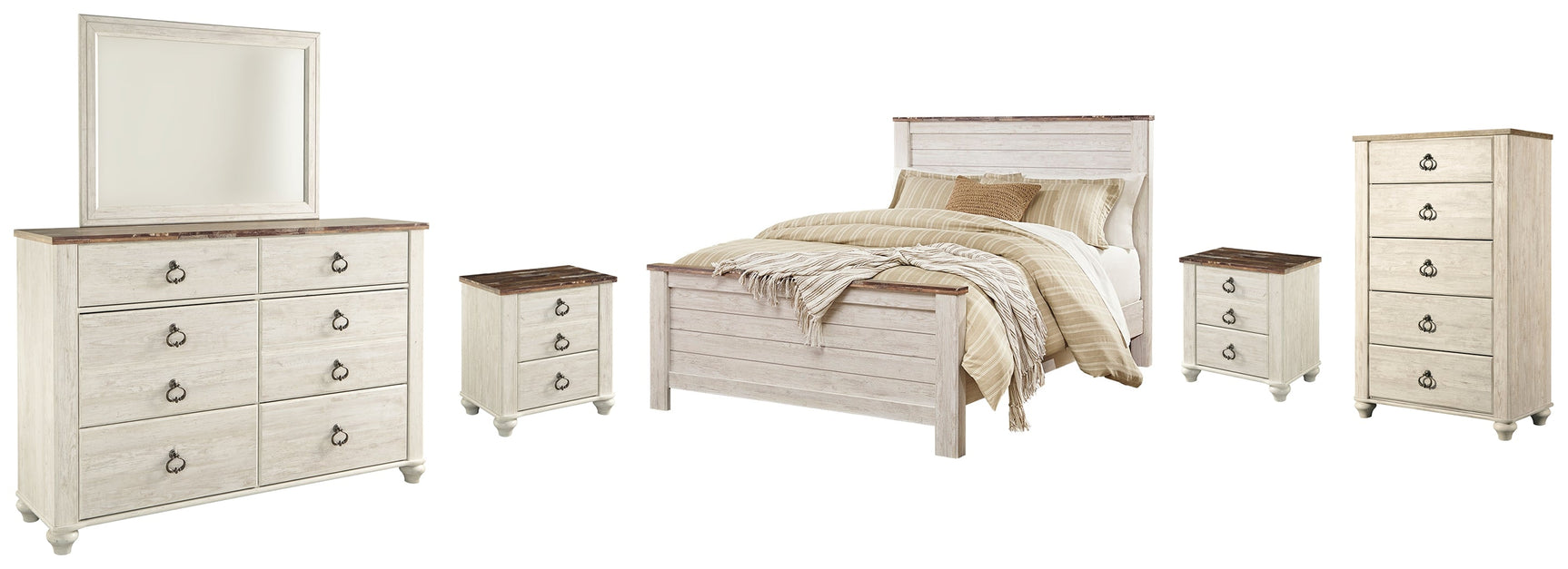 Willowton Whitewash Queen Panel Bedroom Set with Dresser, Mirror, Chest and 2 Nightstands (Online Special Price) - Ornate Home