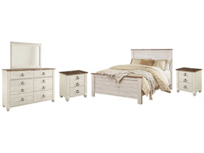 Willowton Whitewash Queen Panel Bedroom Set with Dresser, Mirror and 2 Nightstands (Online Special Price) - Ornate Home