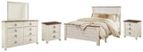 Willowton Whitewash Queen Panel Bedroom Set with Dresser, Mirror and 2 Nightstands - Ornate Home