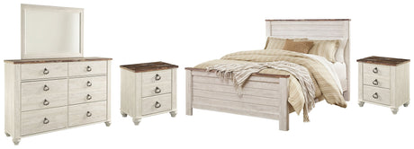 Willowton Whitewash Queen Panel Bedroom Set with Dresser, Mirror and 2 Nightstands - Ornate Home