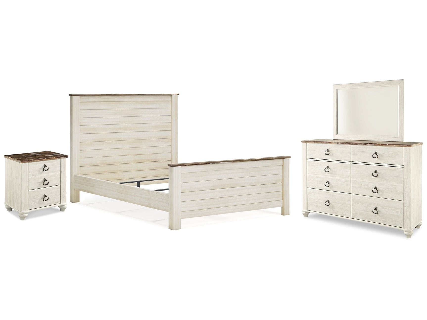 Willowton Whitewash Queen Panel Bedroom Set with Dresser, Mirror, and Nightstand (Online Special Price) - Ornate Home