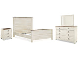 Willowton Whitewash Queen Panel Bedroom Set with Dresser, Mirror, and Nightstand - Ornate Home