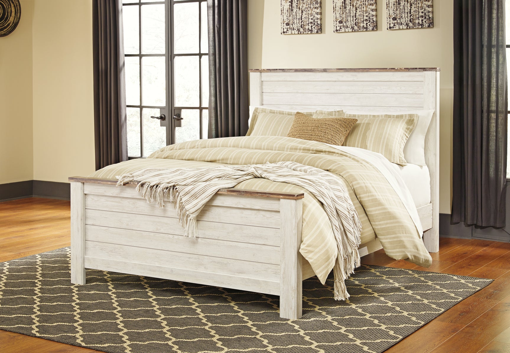 Willowton Whitewash Queen Panel Bedroom Set with Dresser, Mirror, and Nightstand - Ornate Home