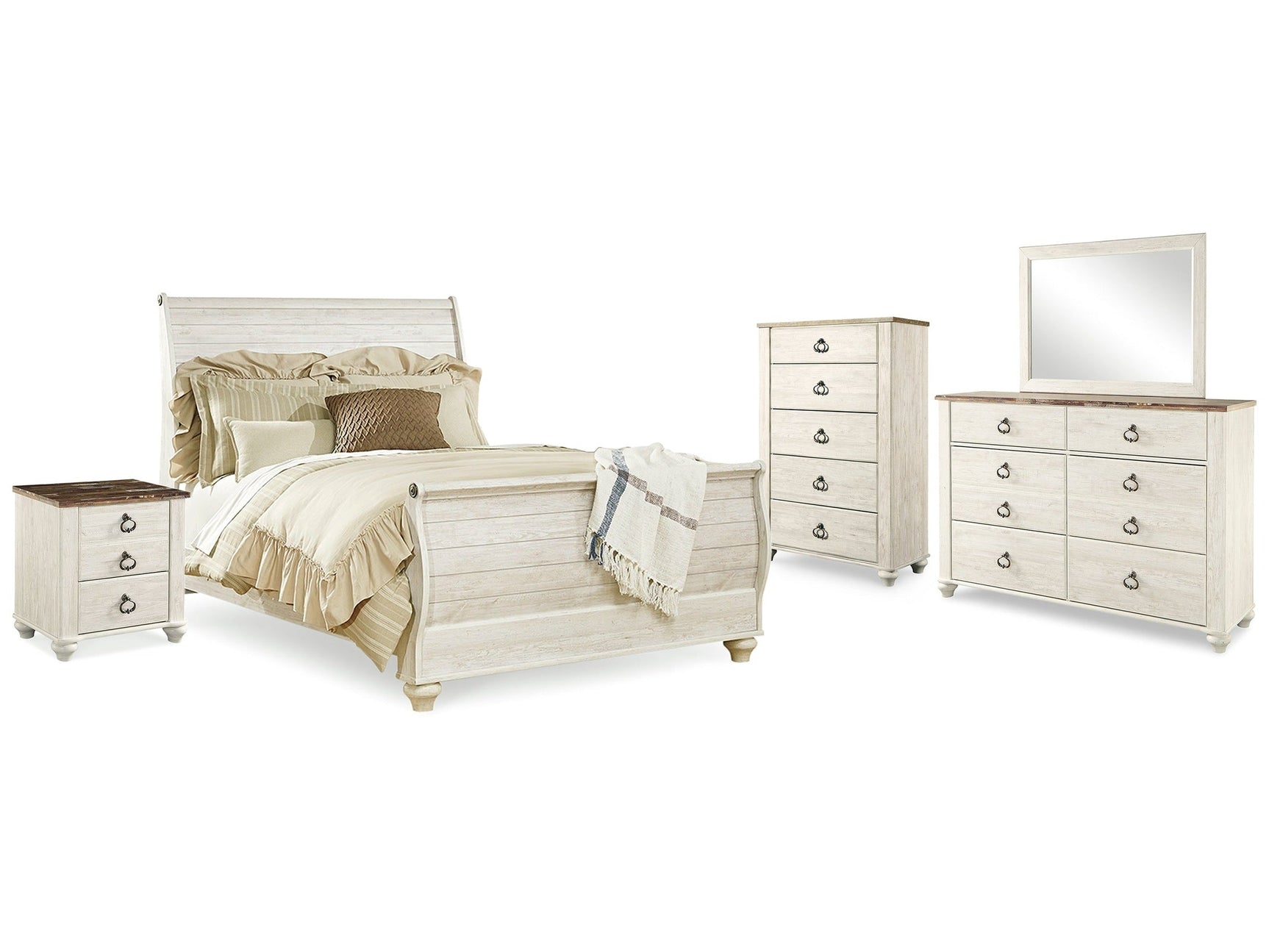 Willowton Whitewash Queen Sleigh Bed & Dresser & Mirror & Chest & Nightstand (Online Special Price) - Ornate Home