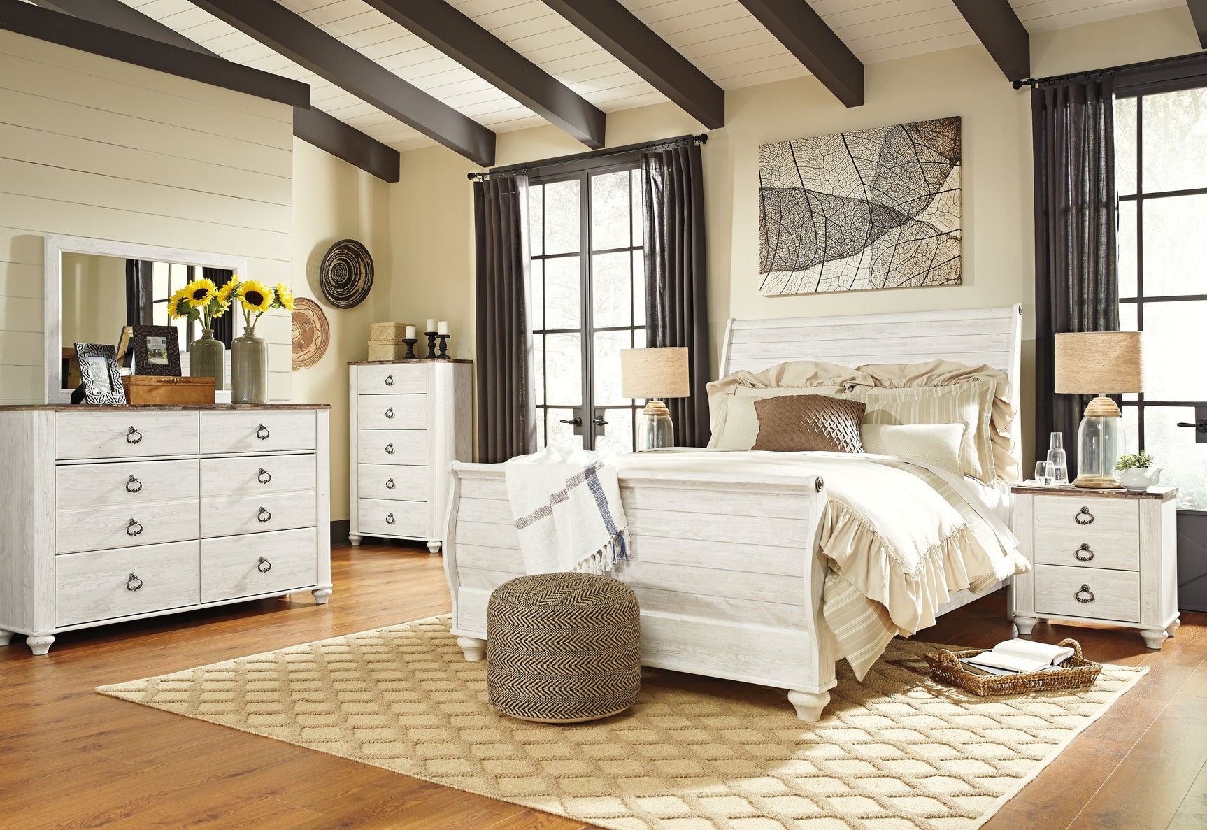 Willowton Whitewash Queen Sleigh Bed & Dresser & Mirror & Chest & Nightstand (Online Special Price) - Ornate Home