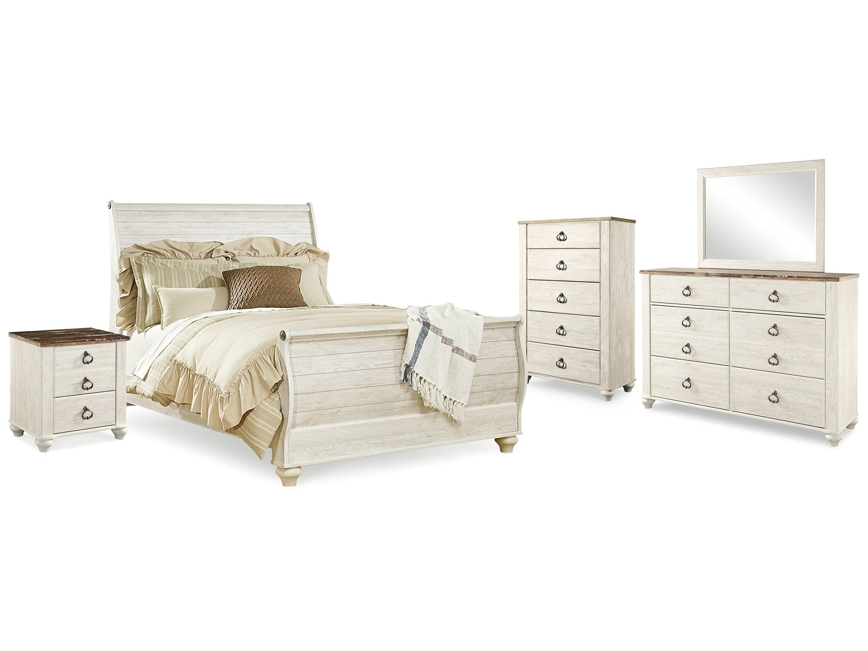 Willowton Whitewash Queen Sleigh Bed & Dresser & Mirror & Chest & Nightstand - Ornate Home