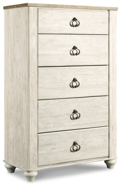 Willowton Whitewash Queen Sleigh Bed & Dresser & Mirror & Chest & Nightstand - Ornate Home