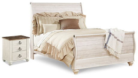 Willowton Whitewash Queen Sleigh Bed and Nightstand - Ornate Home