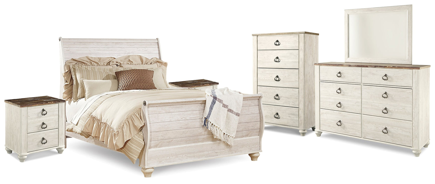 Willowton Whitewash Queen Sleigh Bedroom Set with 2 Dressers, Mirror, Chest and 2 Nightstands (Online Special Price) - Ornate Home
