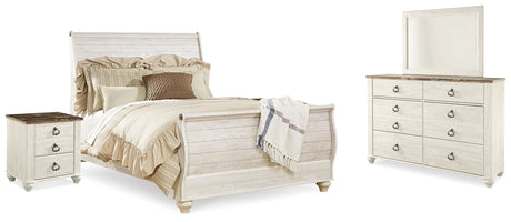 Willowton Whitewash Queen Sleigh Bedroom Set with Dresser, Mirror and 2 Nightstands - Ornate Home