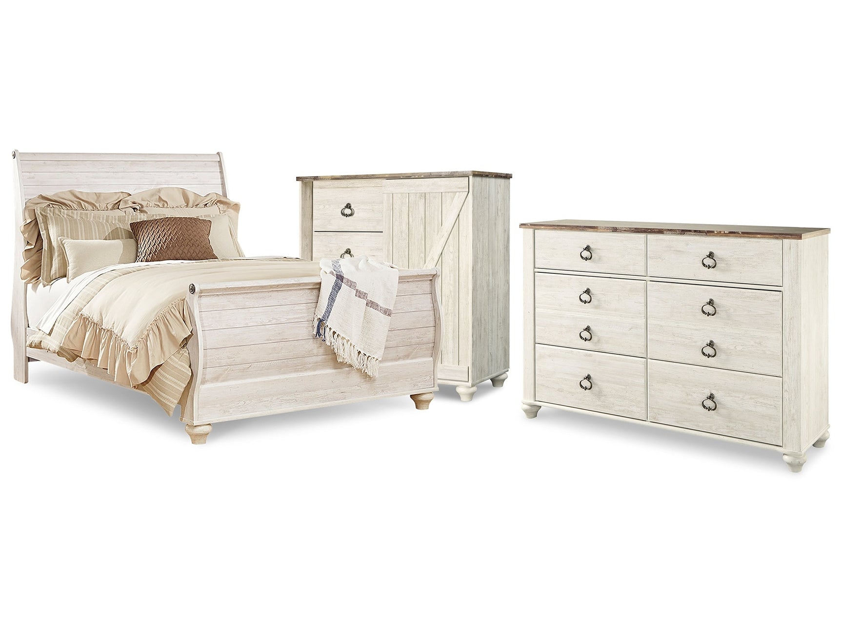 Willowton Whitewash Queen Sleigh Bedroom Set with Dresser and Chest - Ornate Home