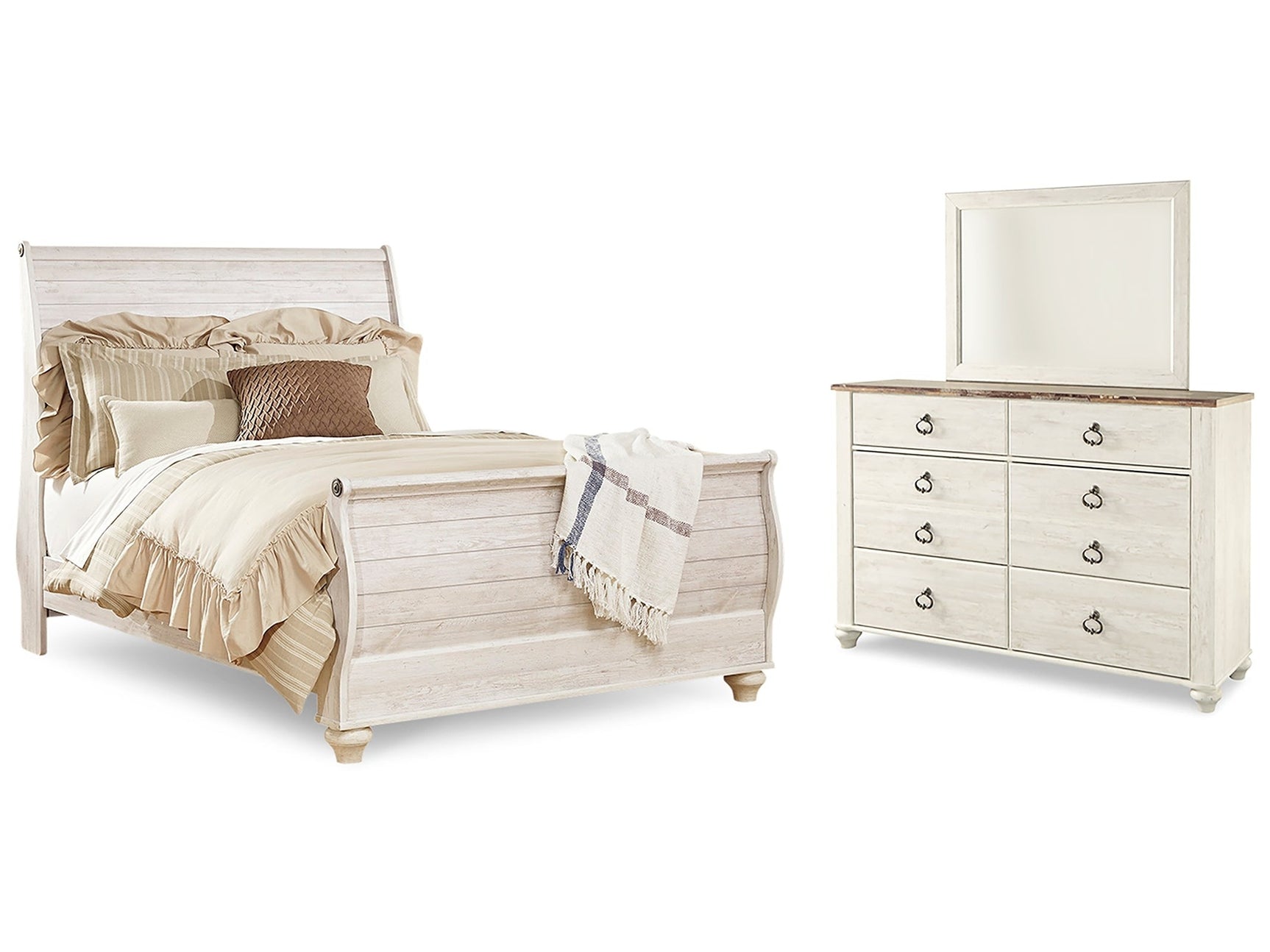 Willowton Whitewash Queen Sleigh Bedroom Set with Dresser and Mirror (Online Special Price) - Ornate Home