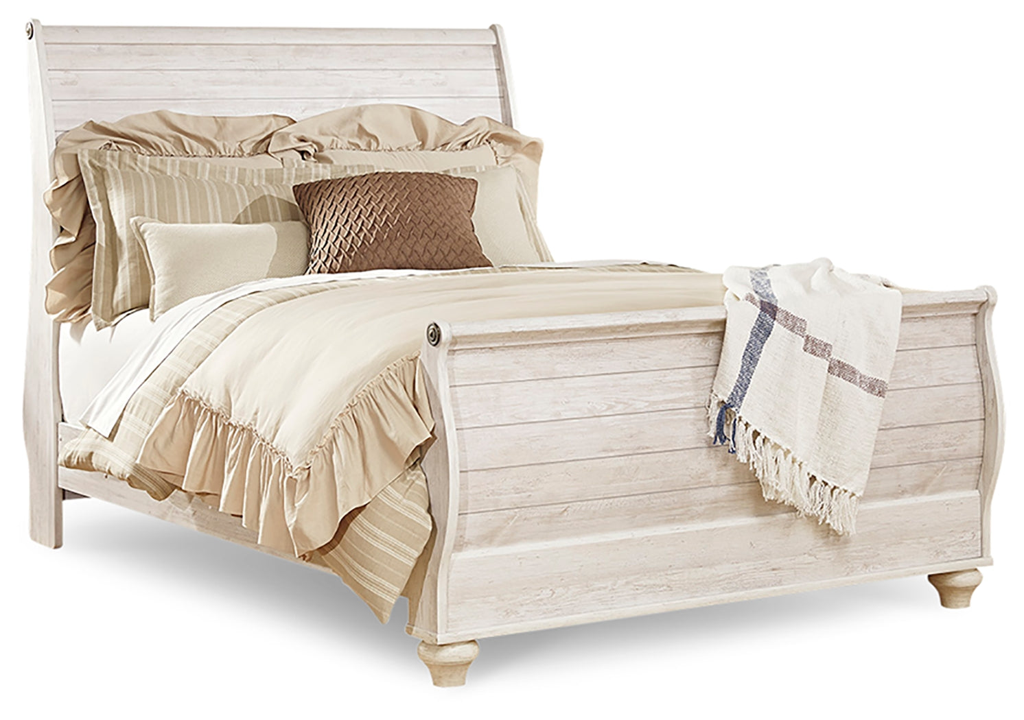 Willowton Whitewash Queen Sleigh Bedroom Set with Mirrored Dresser and Nightstand - Ornate Home