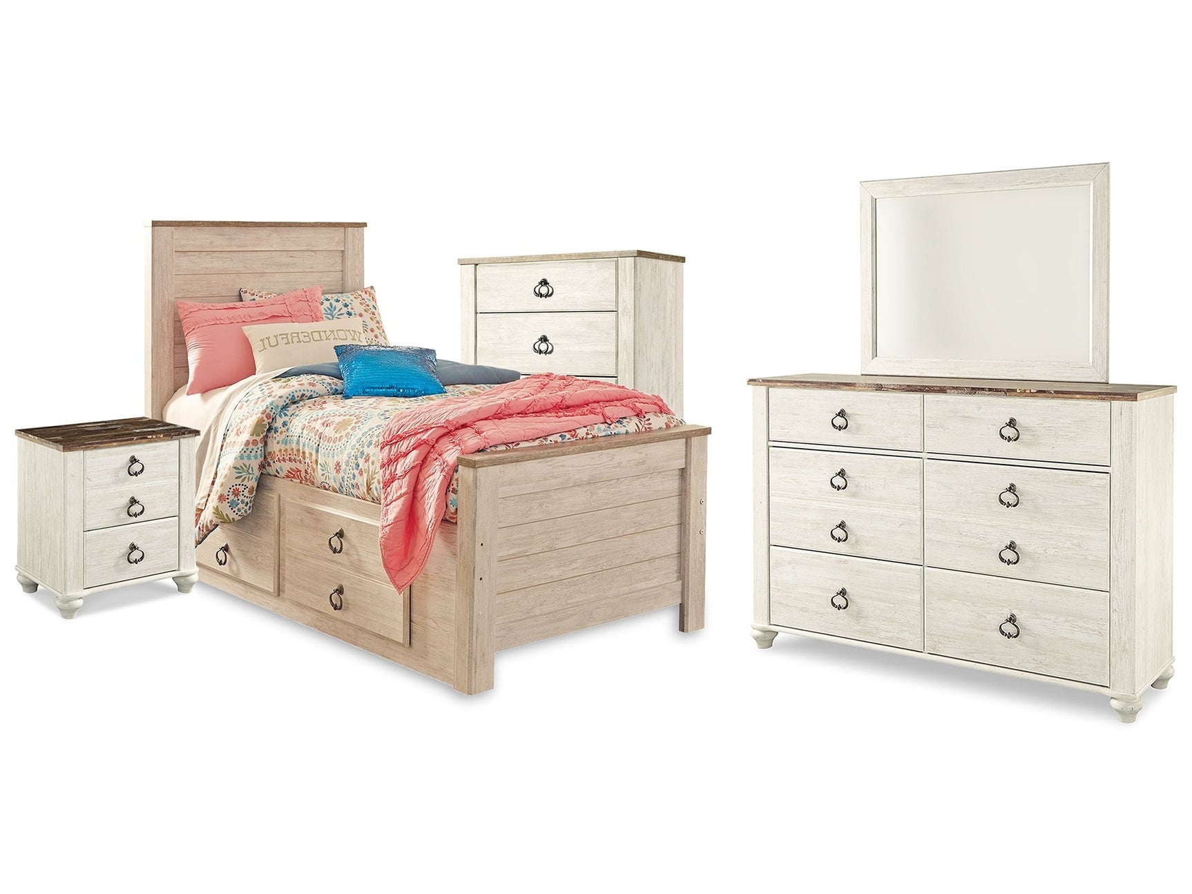 Willowton Whitewash Twin Bedroom Set with Storage, Dresser, Mirror, Chest and Nightstand - Ornate Home