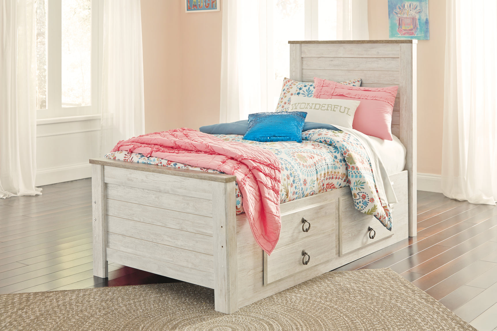 Willowton Whitewash Twin Bedroom Set with Storage, Dresser, Mirror, Chest and Nightstand - Ornate Home