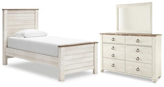 Willowton Whitewash Twin Panel Bed, Dresser and Mirror - Ornate Home