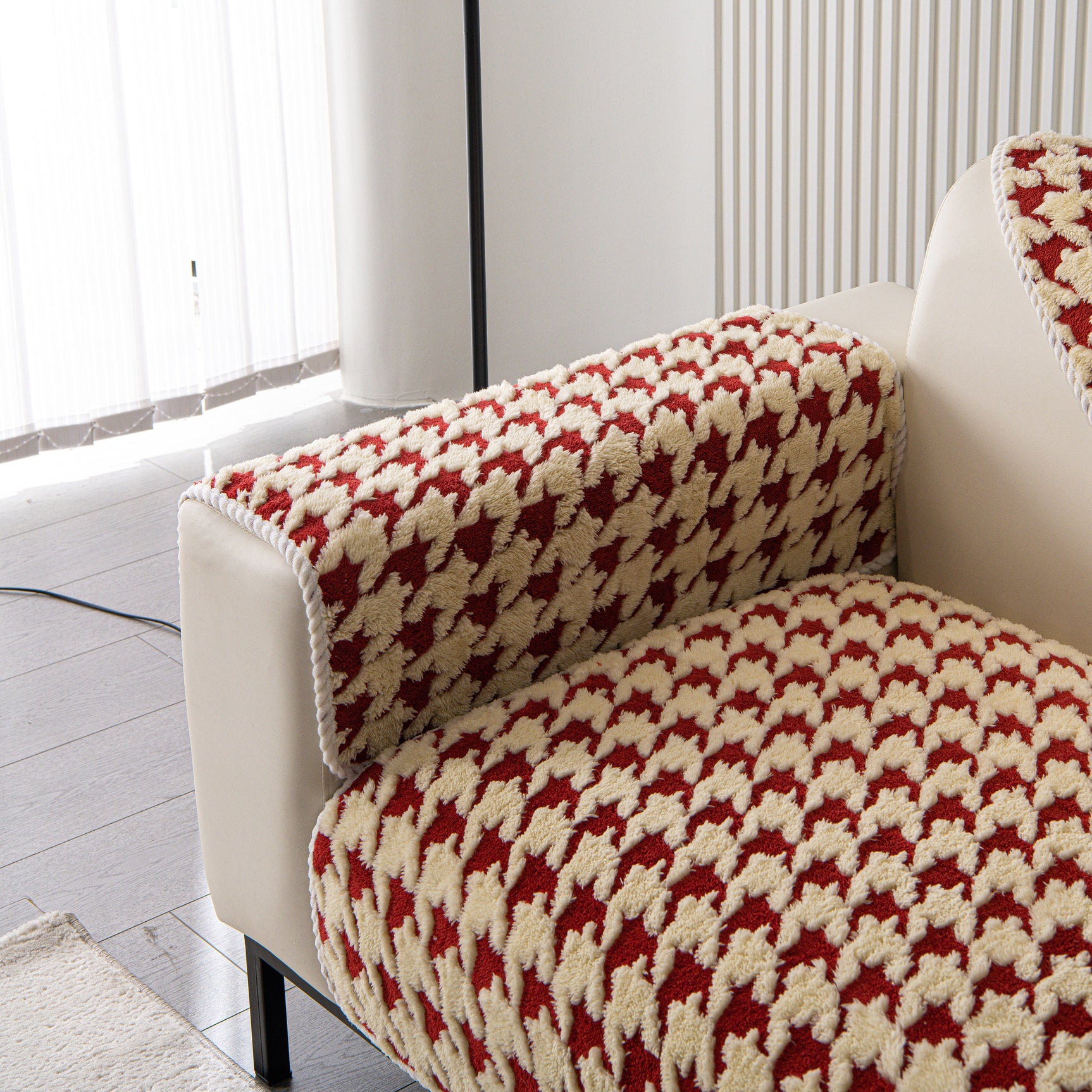 Winter Thickened Sherpa Fleece Houndstooth Sofa Cushion, Non-slip Sofa Cover with Plush - Ornate Home