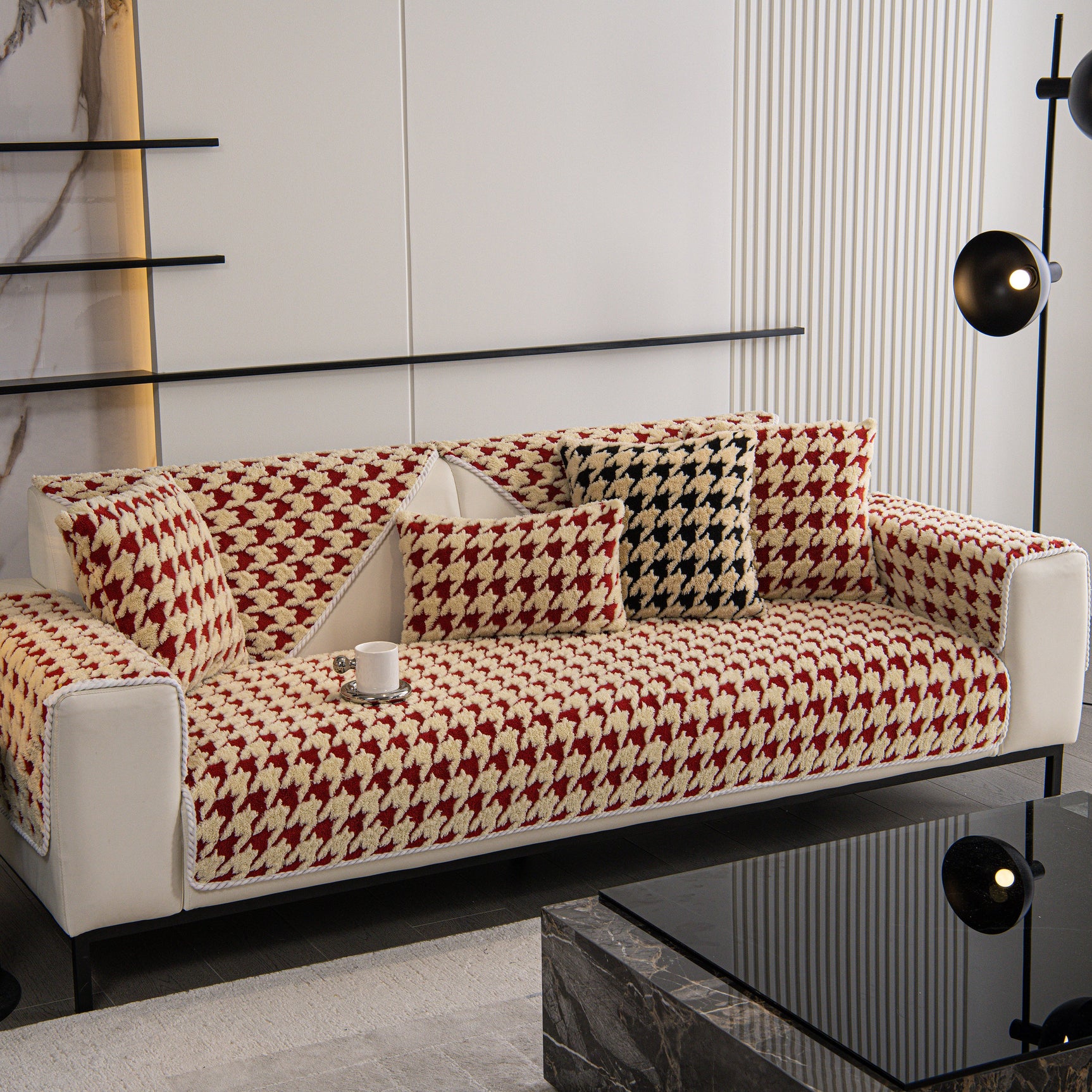Winter Thickened Sherpa Fleece Houndstooth Sofa Cushion, Non-slip Sofa Cover with Plush - Ornate Home