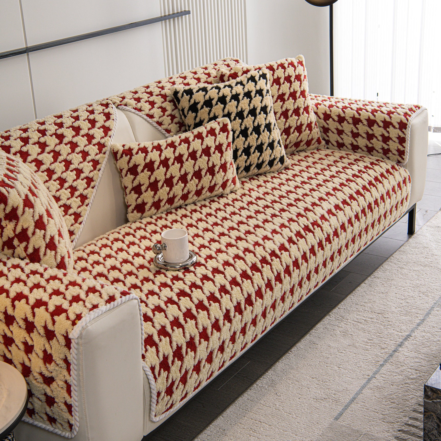 Winter Thickened Sherpa Fleece Houndstooth Sofa Cushion, Non-slip Sofa Cover with Plush - Ornate Home