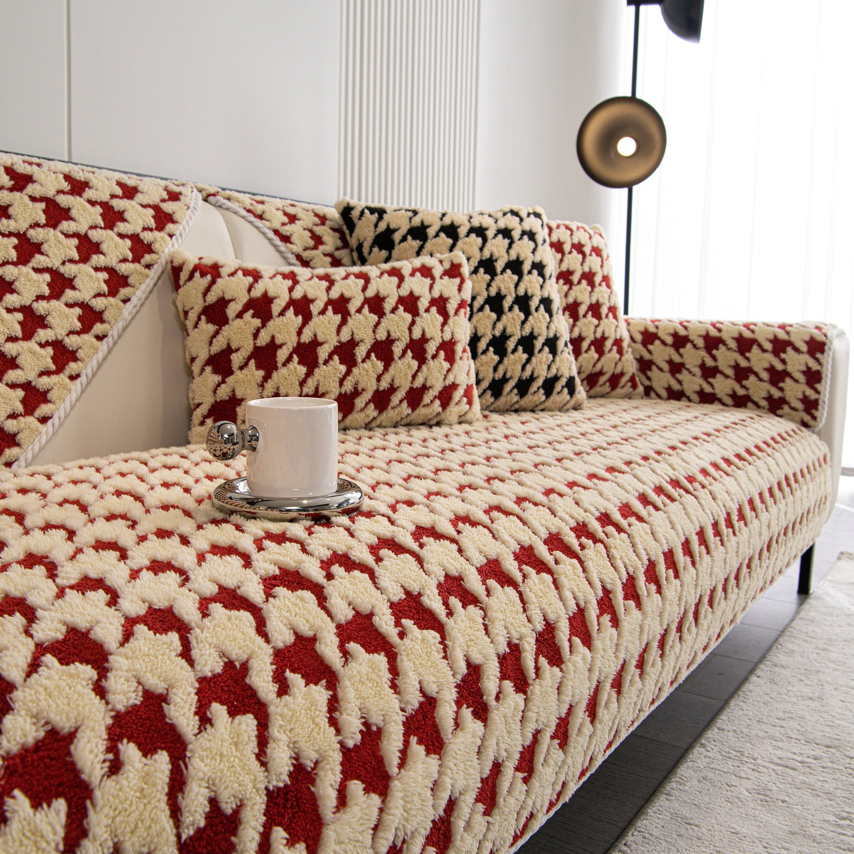 Winter Thickened Sherpa Fleece Houndstooth Sofa Cushion, Non-slip Sofa Cover with Plush - Ornate Home