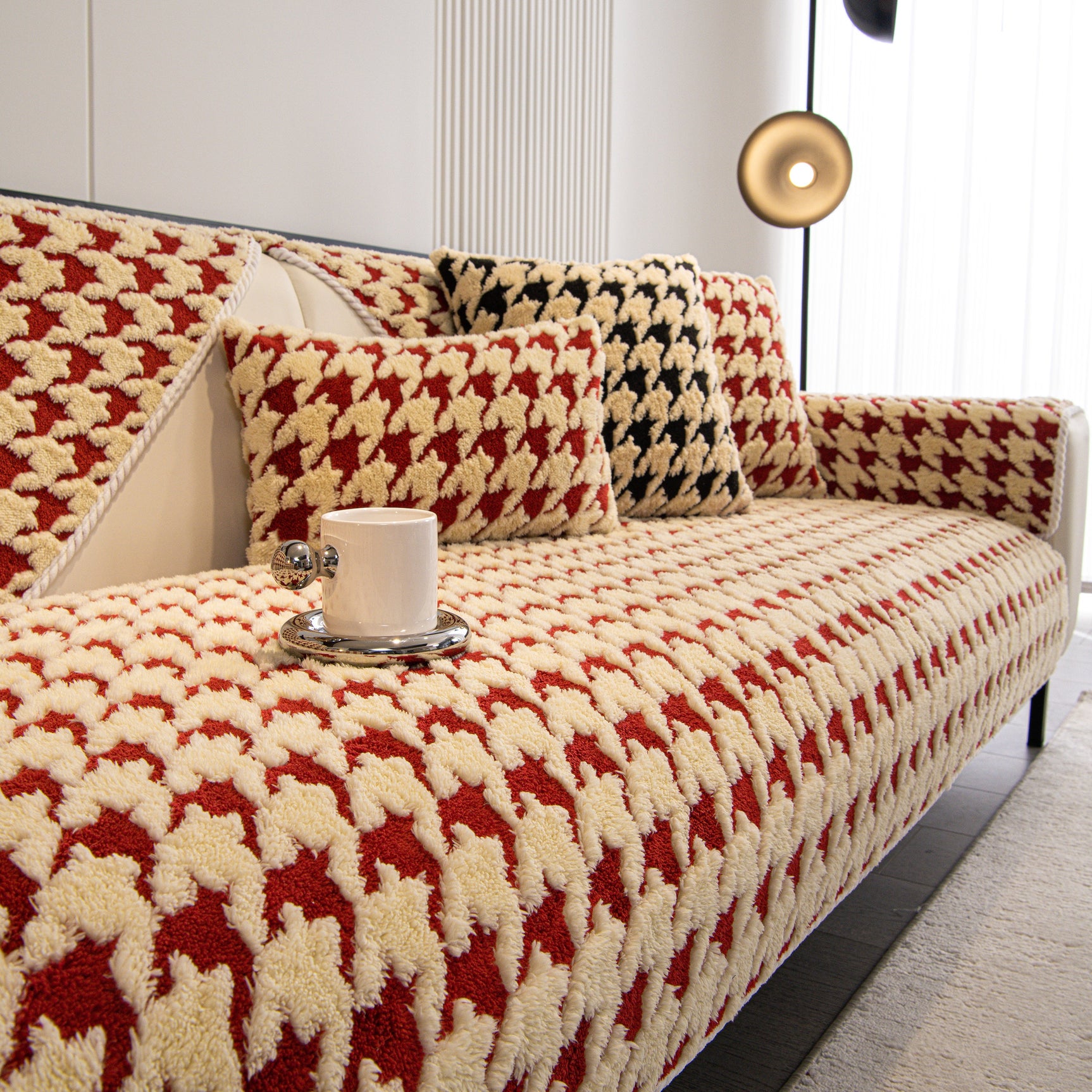 Winter Thickened Sherpa Fleece Houndstooth Sofa Cushion, Non-slip Sofa Cover with Plush - Ornate Home