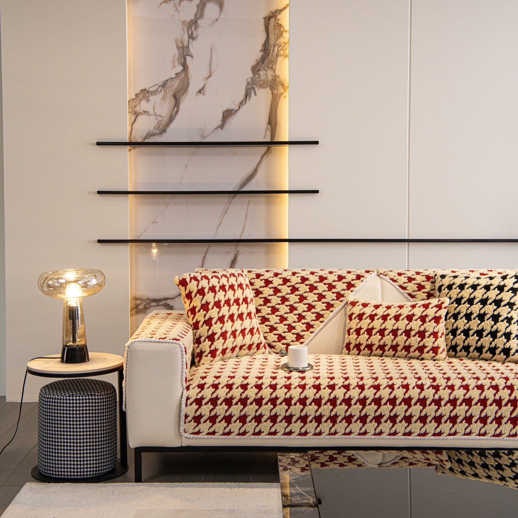 Winter Thickened Sherpa Fleece Houndstooth Sofa Cushion, Non-slip Sofa Cover with Plush - Ornate Home