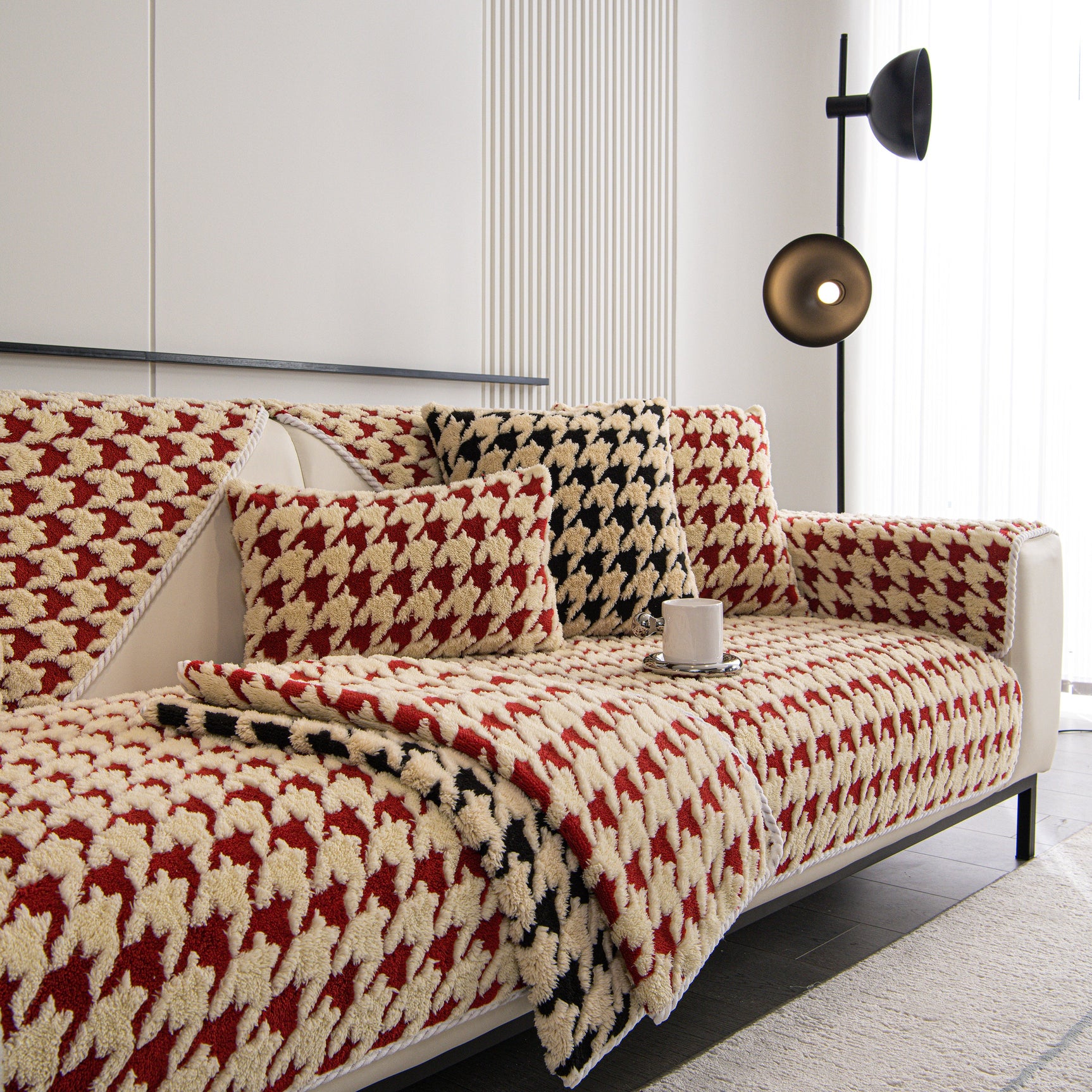 Winter Thickened Sherpa Fleece Houndstooth Sofa Cushion, Non-slip Sofa Cover with Plush - Ornate Home