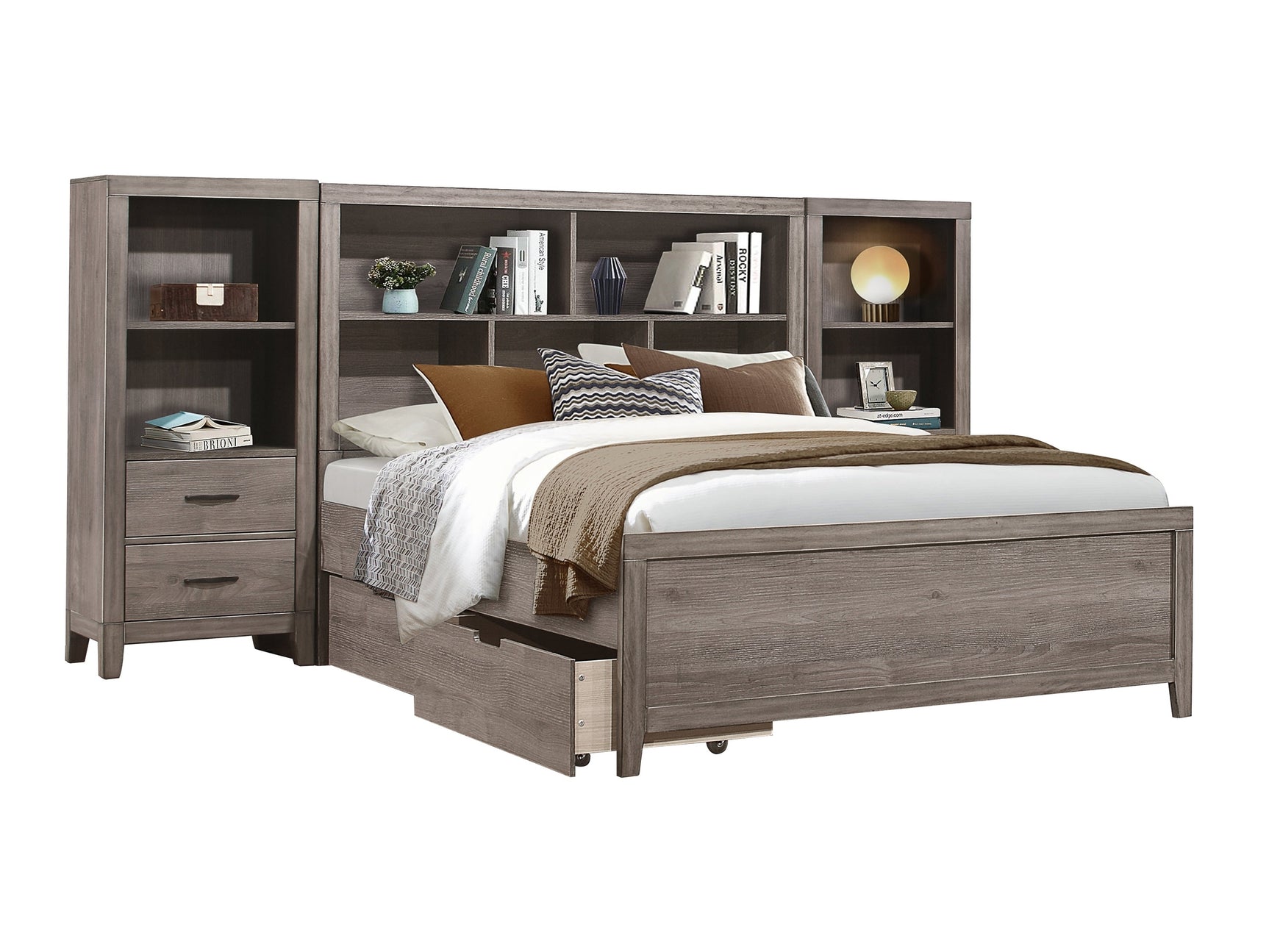 Woodrow Brownish Gray 4-piece Set Full Wall Bed with Toy Boxes - Ornate Home