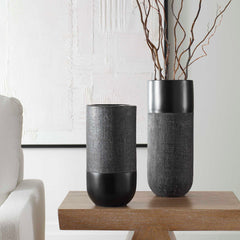 Woven Shadow Black Vases (Set of 2) - Ornate Home