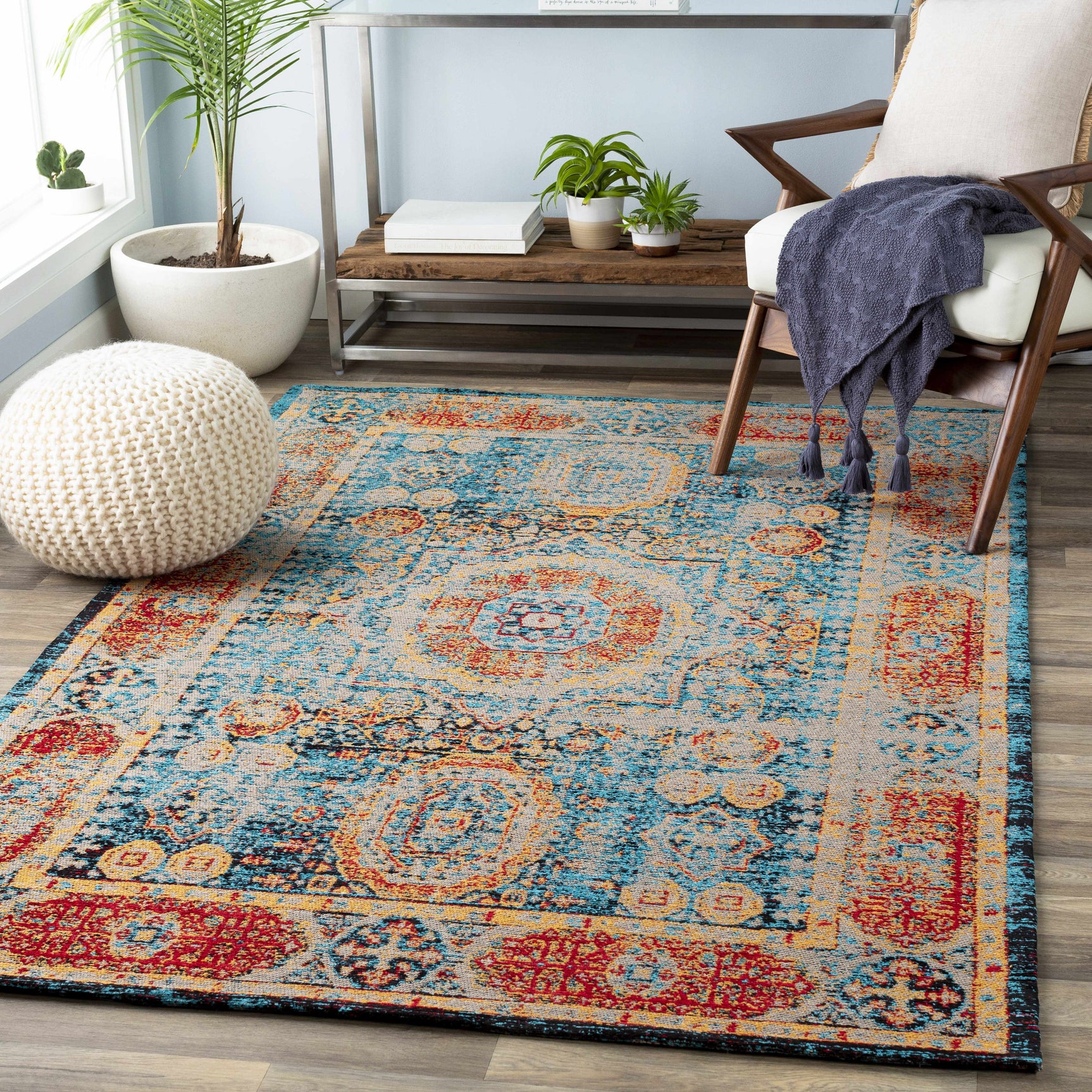 Wrangell Blue/Red Damask Carpet - Clearance - Ornate Home