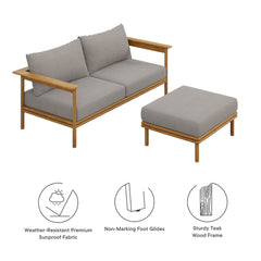 Wren Natural Driftwood 2-Piece Outdoor Patio Teak Wood Sofa and Ottoman Set - Ornate Home